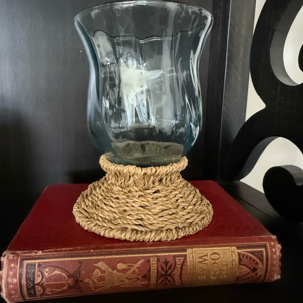 Vintage Hurricane Glass and wicker flared 8" candle holder pillar.